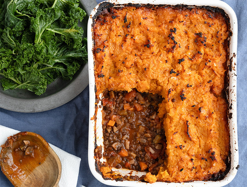 Dish photo for Sweet Potato Shepherds Pie With Rich Mushroom Lentil Red Wine Ragu & Wilted Green Kale