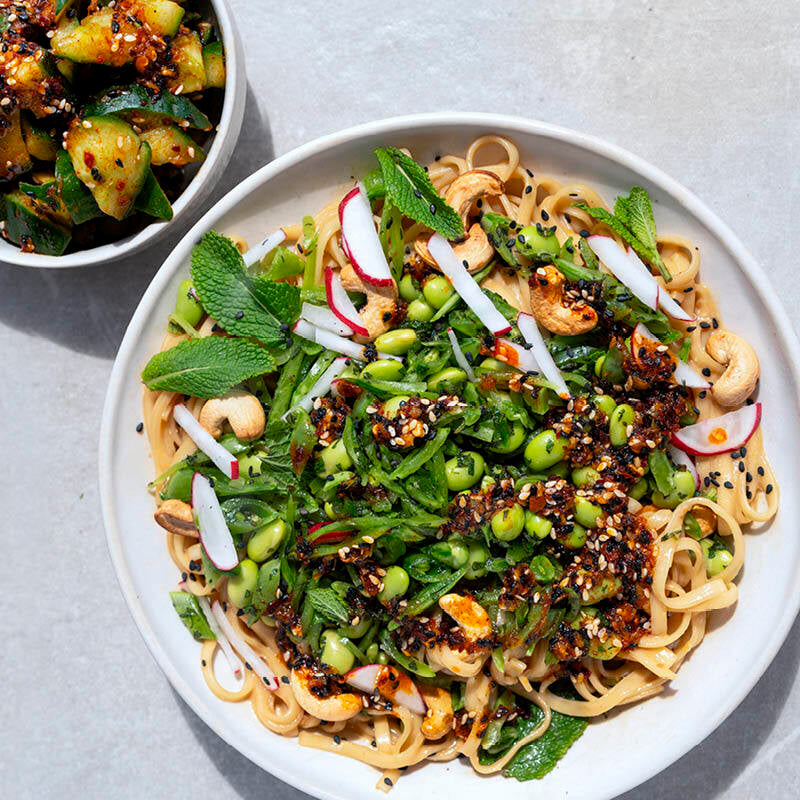 Dish photo for Sesame Miso Noodles With Minted Sugar Snaps & Edamame, Cashews, Radish & Chilli Crunch Cucumber Salad