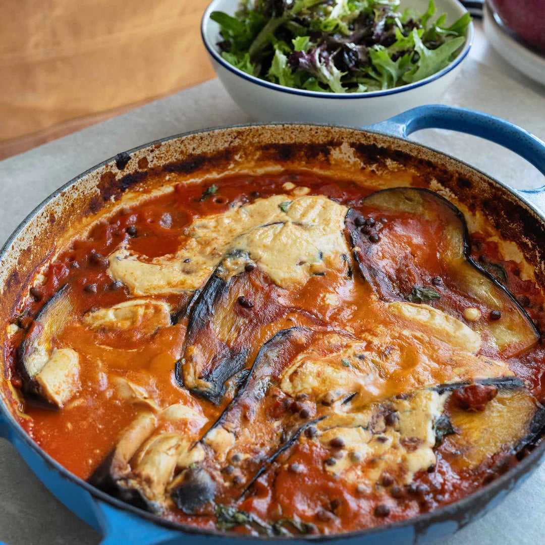 Thumbnail for Cheats Aubergine & Lentil Parmigiana With Creamy Miso Bechamel & Seasonal Salad Tossed In Vinaigrette