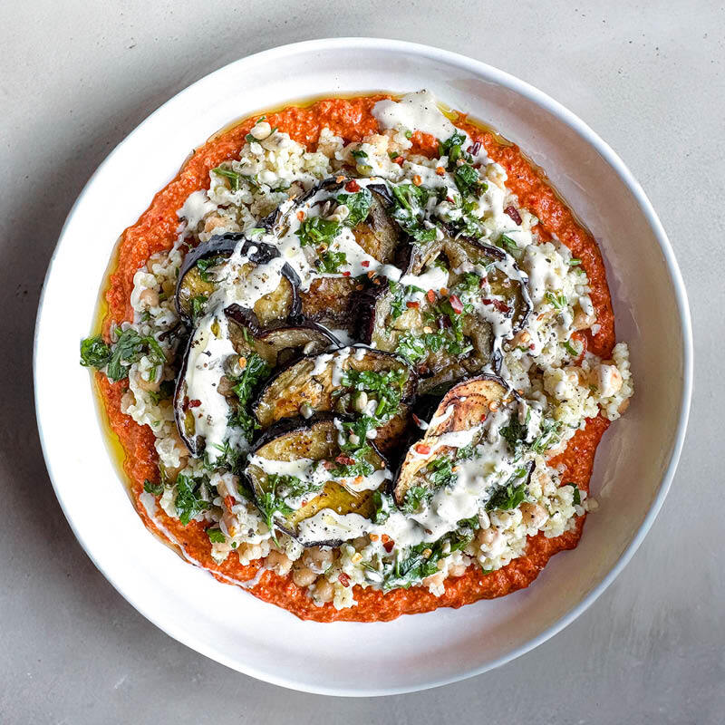 Thumbnail for Charred Aubergine With Romesco, Bulgar Wheat Pilaf, Tahini Sauce & Herby Caper Gremolata