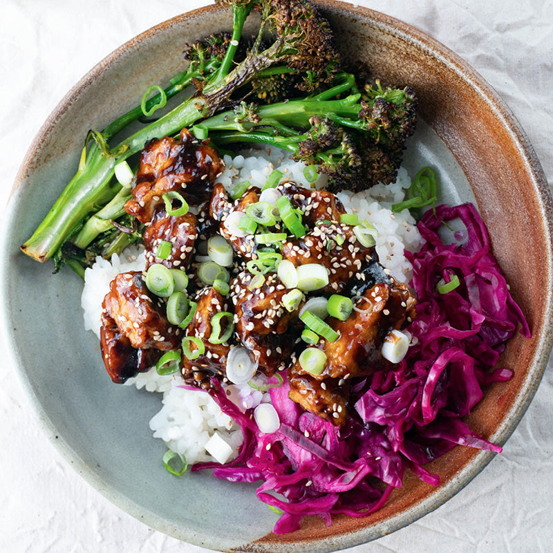 Dish photo for Sticky Teriyaki Tofu Bowl With Purple Sprouting Broccoli & Pickled Cabbage Over Sushi Rice