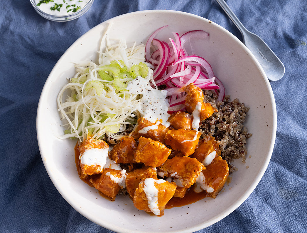 Thumbnail for Crispy Buffalo Tofu Nourish Bowl With Cabbage Celery Slaw, Tricolour Quinoa, Pink Onion Pickle & Ranch Dressing