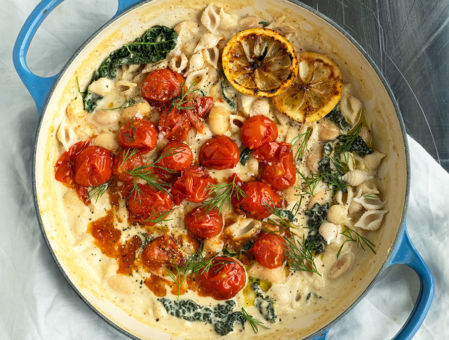 Thumbnail for Burnt Lemon & Mustard Butter Beans With Regenerative Spelt Conchigliette, Confit Cherry Tomatoes, Cavolo Nero & Dill