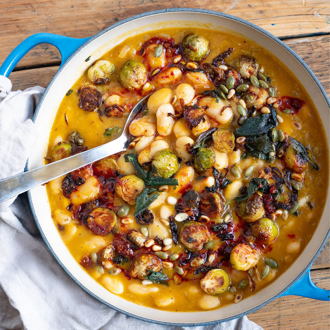 Thumbnail for Butternut Squash Brothy Beans With Crispy Sprouts & Sage, Hot Agave 'Nduja' Dressing, Toasted Pine Nuts & Pumpkin Seeds