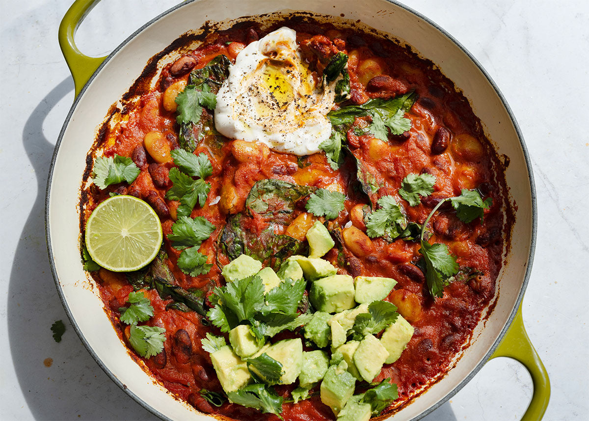 Dish photo for Smoky Spanish Beans In Roasted Pepper & Sun Dried Tomato Sauce, Organic Yoghurt, Avocado Salsa & Quinoa