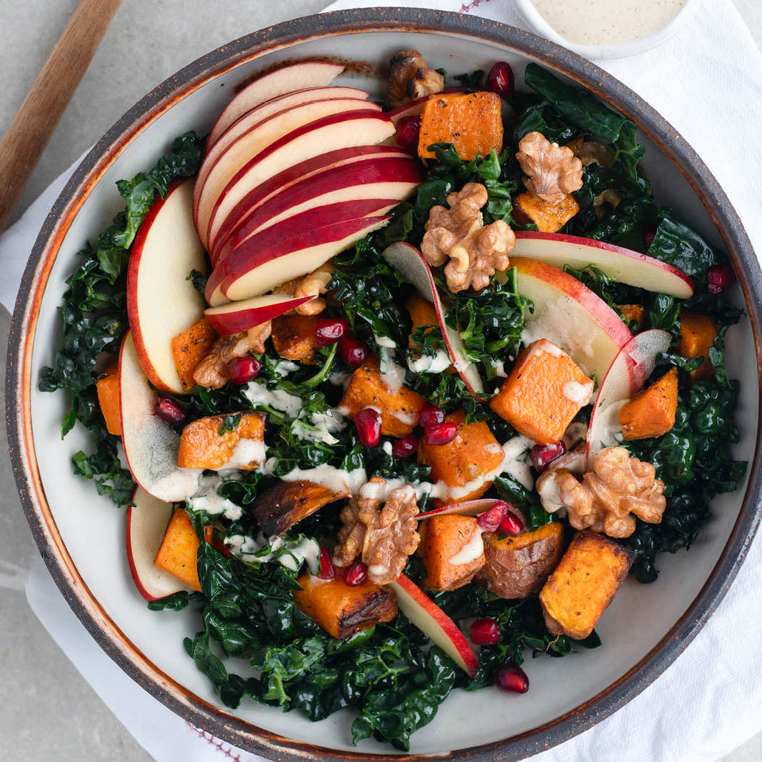 Dish photo for Winter Harvest Bowl With Roasted Sweet Potato, Candied Walnuts & Maple Tahini Dressing