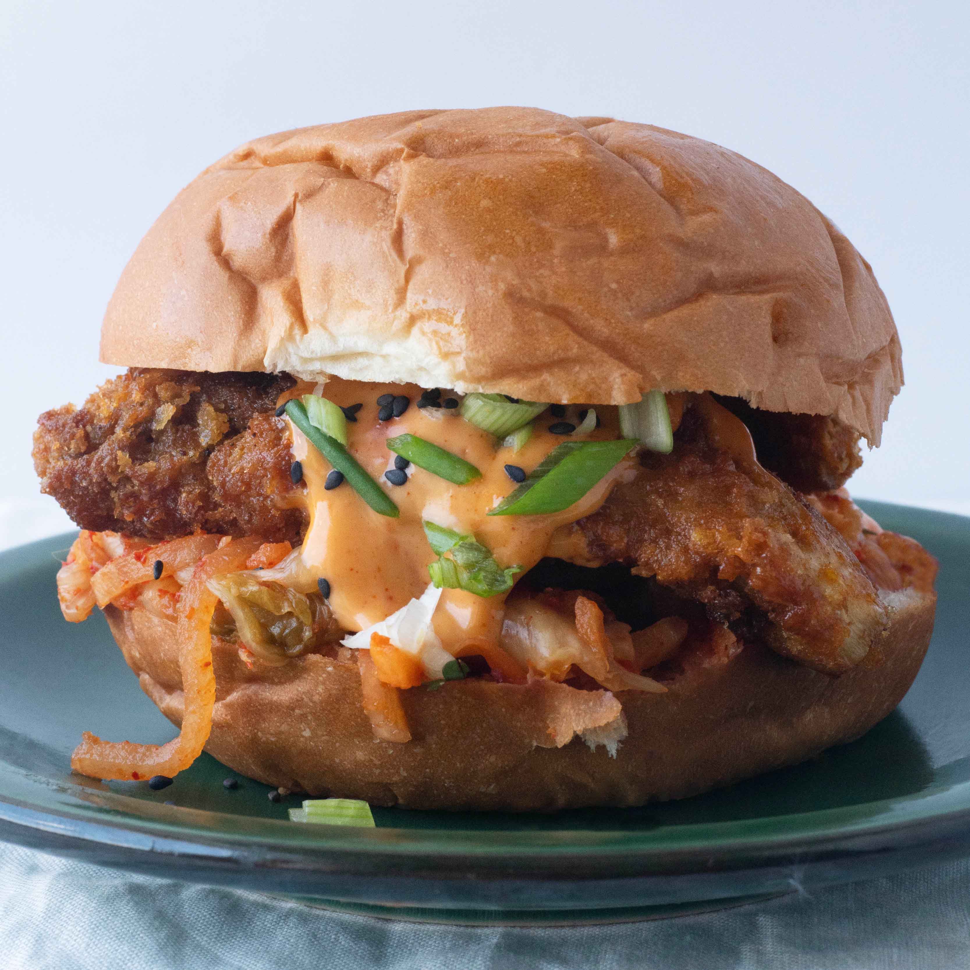 Thumbnail for Crispy Korean Oyster Mushroom Burger With Kimchi & Gochujang Mayo On Soft Vegan Brioche