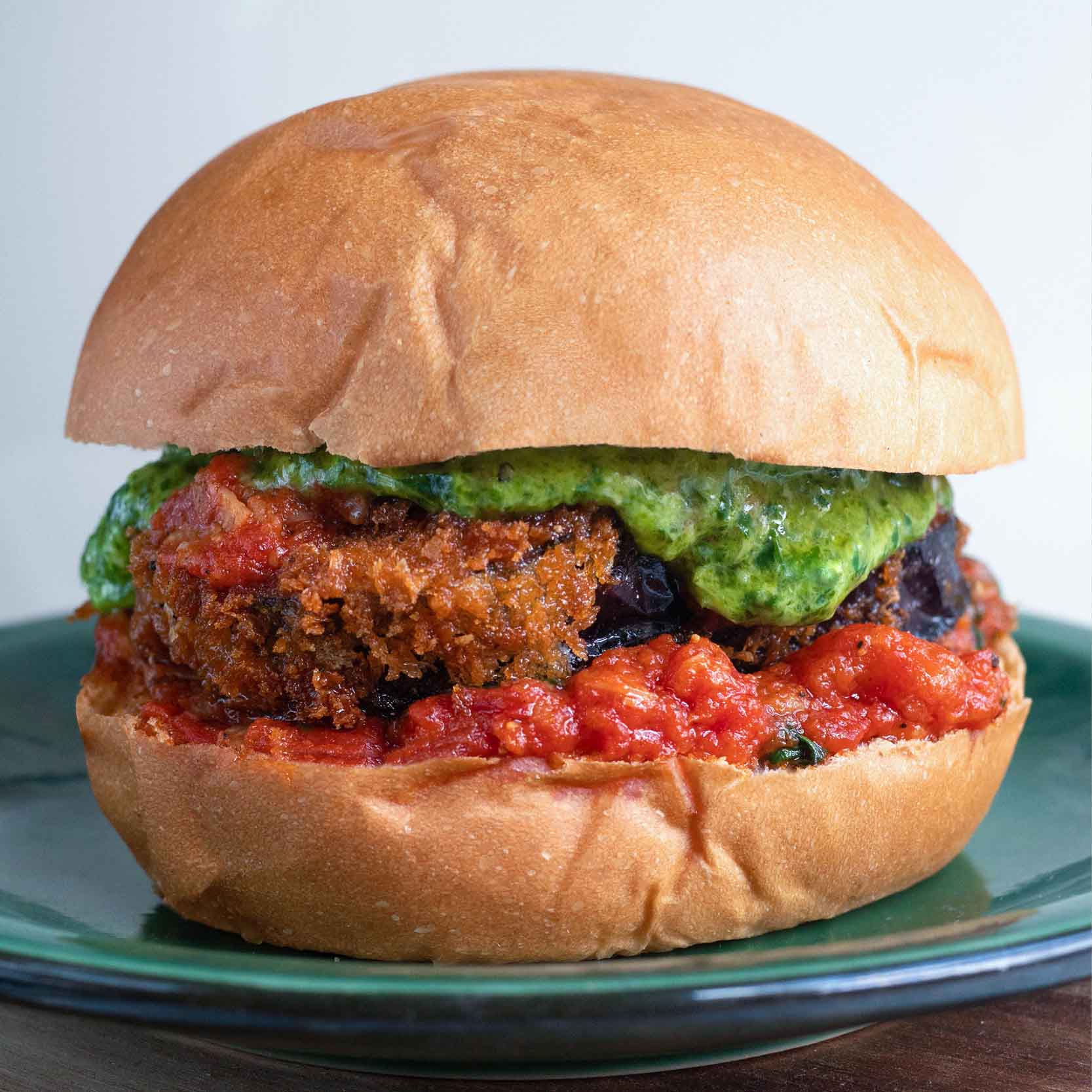 Thumbnail for Aubergine Parmigiana Sandwich With Pesto Mayo & Rich Tomato Reduction On Soft Vegan Brioche