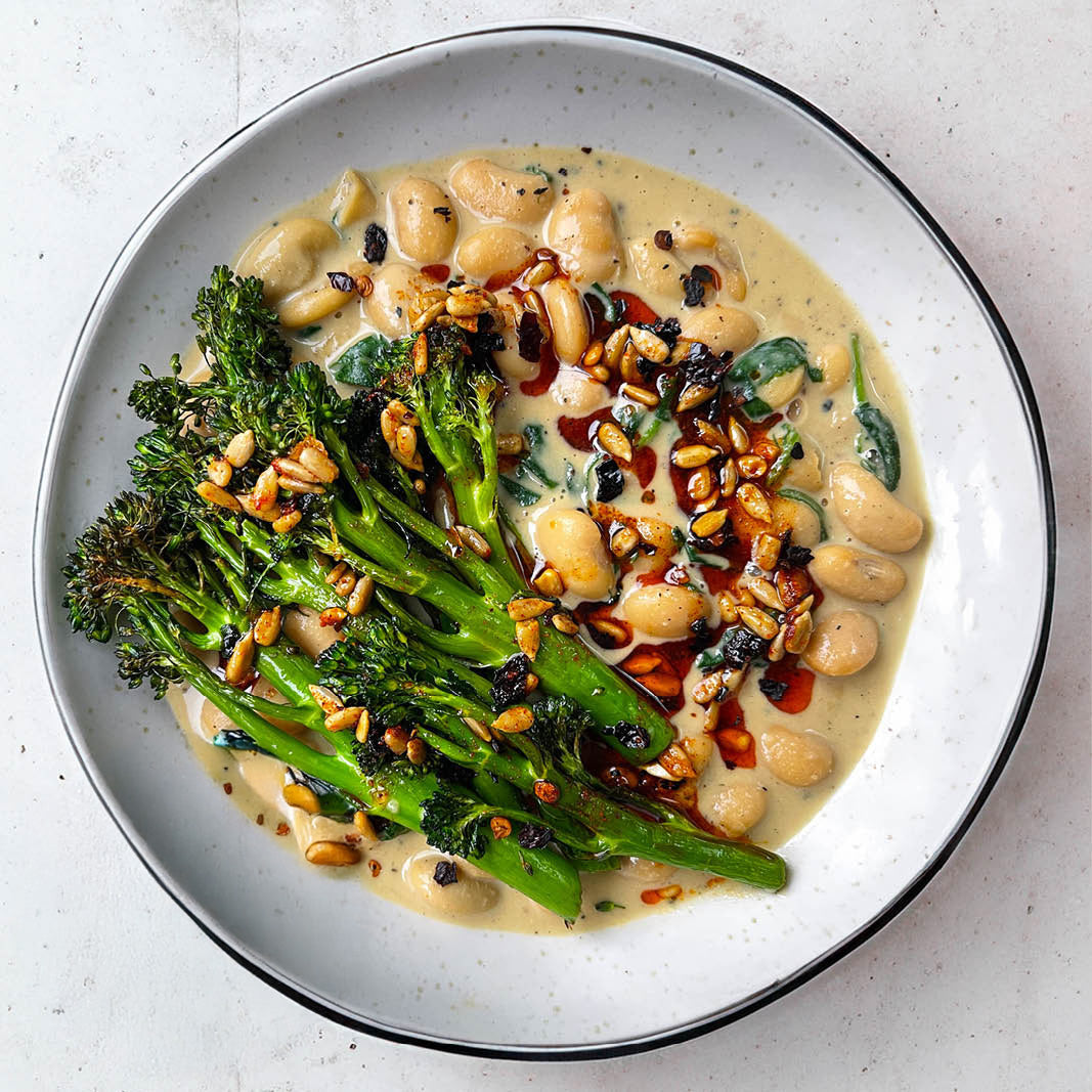 Dish photo for Rich & Creamy Cacio E Pepe Butterbeans With Tenderstem Broccoli & Smoky Chipotle Toasted Sunflower Seeds