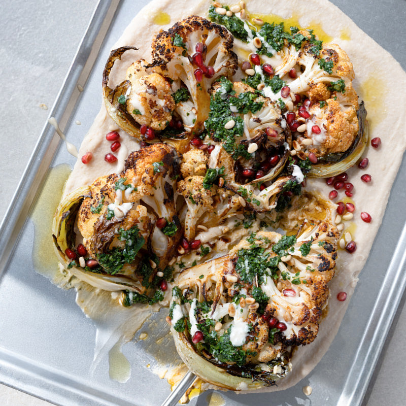 Thumbnail for Charred Cauliflower Steaks With Chimichurri, Pine Nuts & Pomegranate Seeds Over Creamy Butterbean Mash
