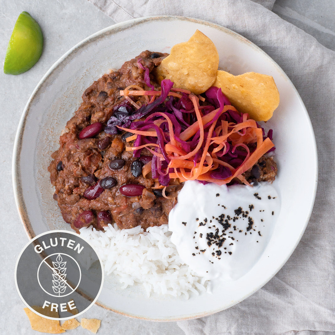 Dish photo for Smokey Black Bean Chilli With House Pickles, Coconut Yoghurt & Tostada Dippers