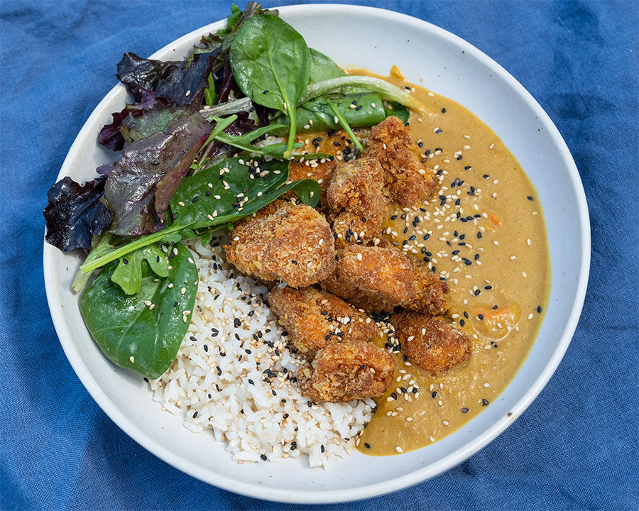 Dish photo for Crispy Tofu Katsu Nuggets With Brown Rice & Seasonal Mixed Leaves In Sweet Miso Dressing