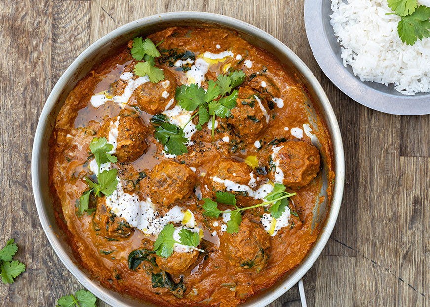 Thumbnail for 25 Plant Kofte Curry With Fresh Spinach, Coconut Lime Cream & Fresh Coriander Over Fluffy Basmati Rice