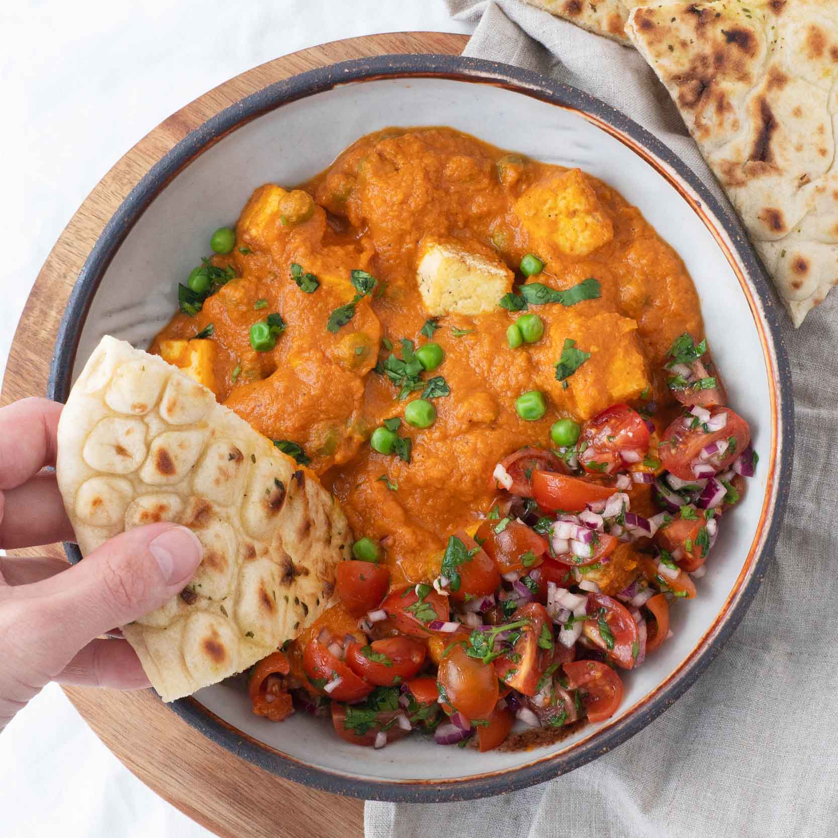 Thumbnail for Creamy Mattar Makhani with Tofu 'Paneer', Zingy Kachumbar Salad & Soft Garlic Naan