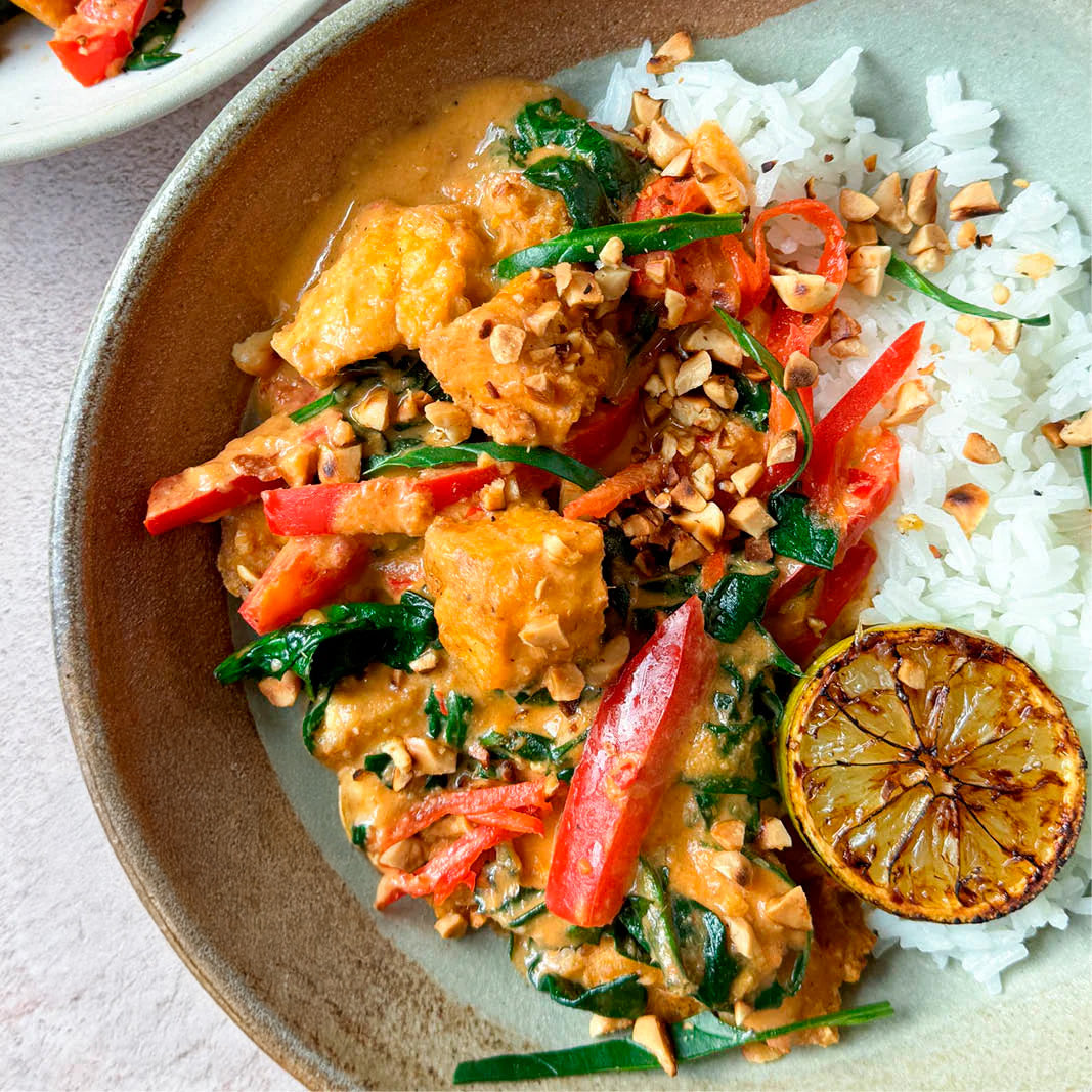 Thumbnail for Creamy Panang Curry With Tofu, Red Pepper, Baby Spinach, Sticky Jasmine Rice, Crushed Peanuts & Lime