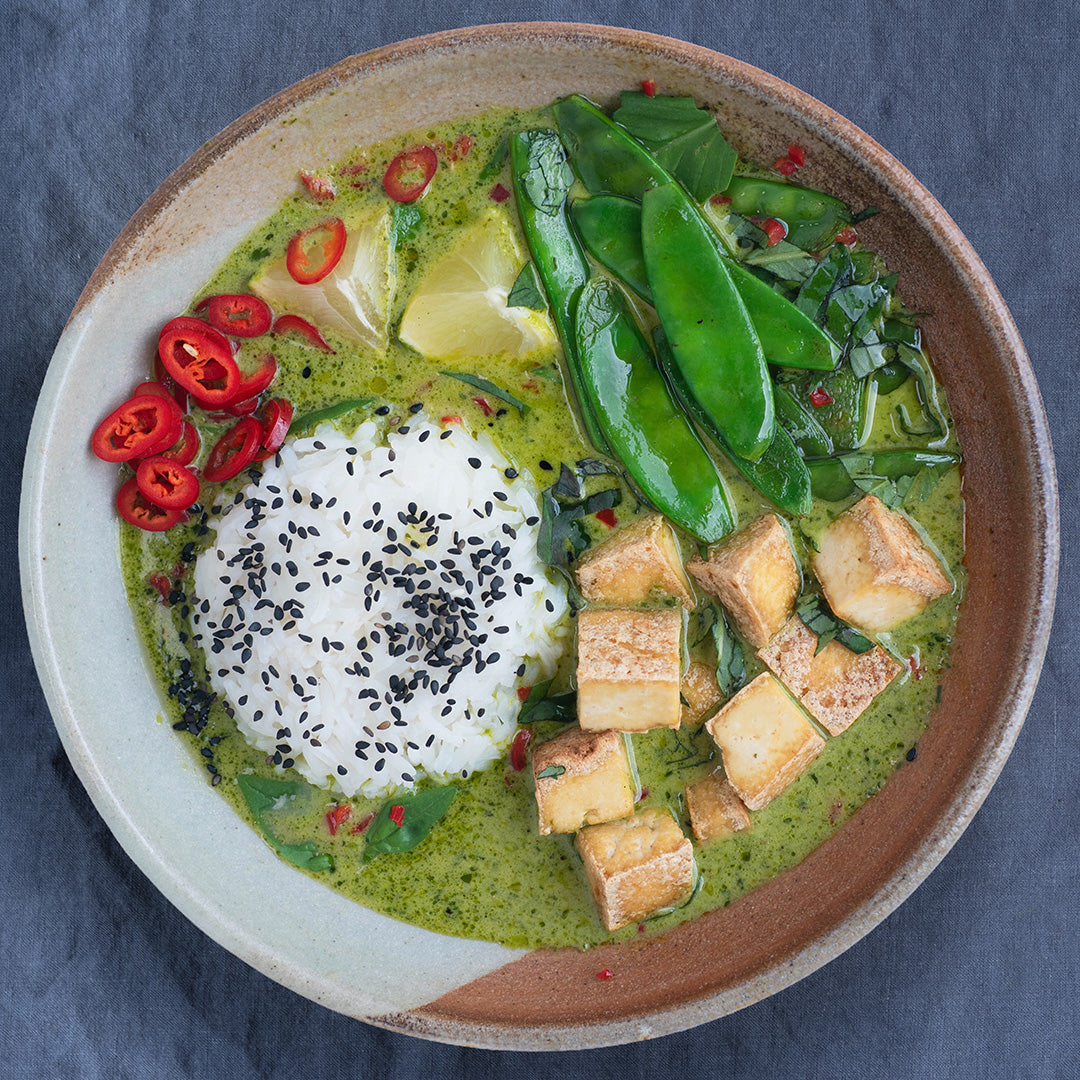 Dish photo for Thai Green Curry With Mangetout, Crispy Tofu, Jasmine Rice, Chilli & Lime