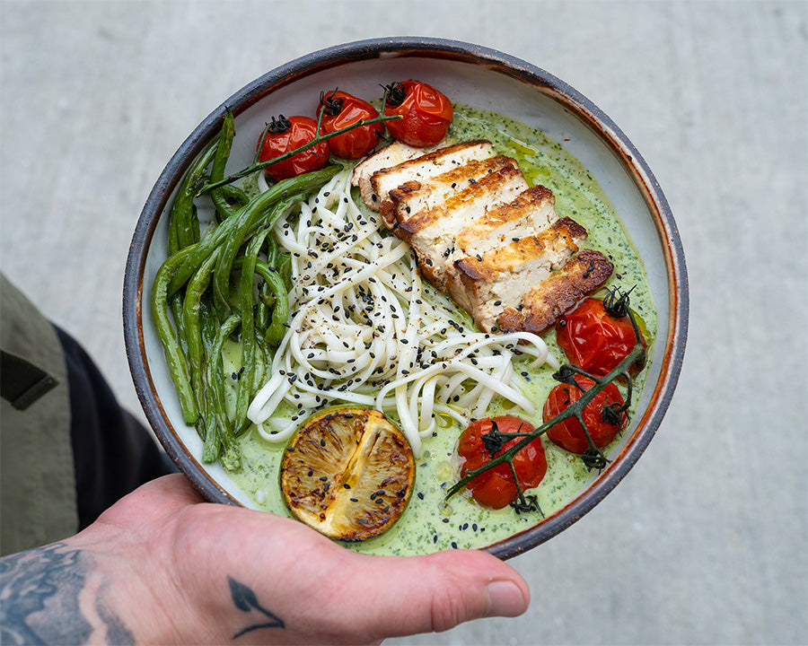 Dish photo for Summer Thai Green Curry Udon Noodles, With Smoked Tofu, Blistered Cherry Tomatoes, Summer Green Beans & Charred Lime