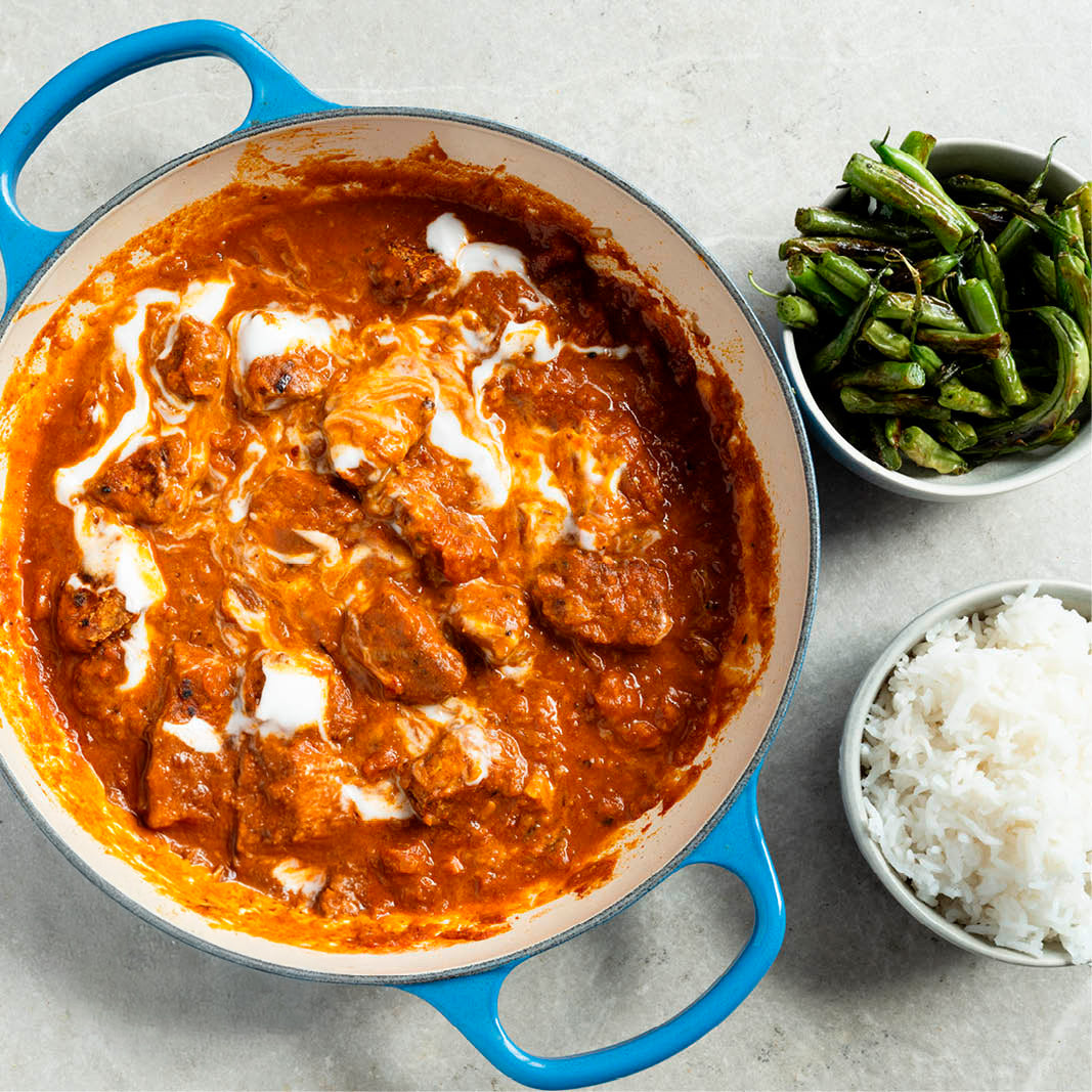 Dish photo for Rich & Creamy Tofu Tikka Masala With Blistered Green Beans, Coconut Yoghurt & Fluffy Basmati Rice
