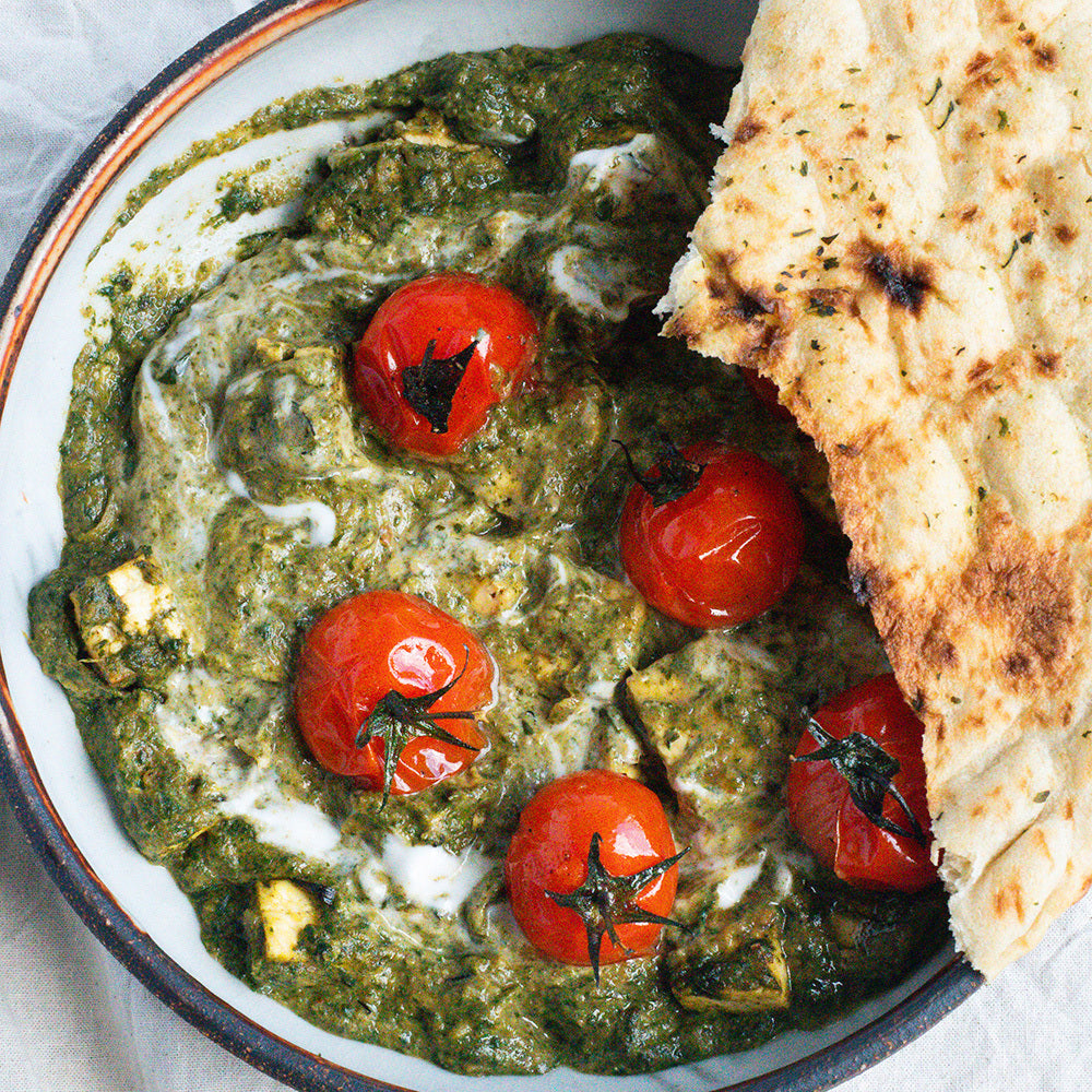 Thumbnail for Creamy Saag Tofu 'Paneer' With Sweet Roasted Cherry Tomatoes & Soft Garlic Naan