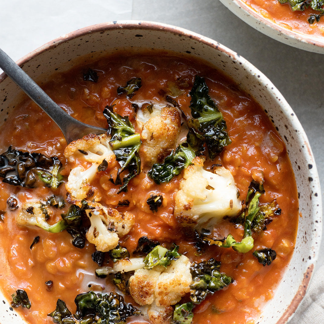 Thumbnail for Creamy Tomato Daal With Charred Cauliflower, Crispy Kale, Coconut Yoghurt & Fluffy Rice