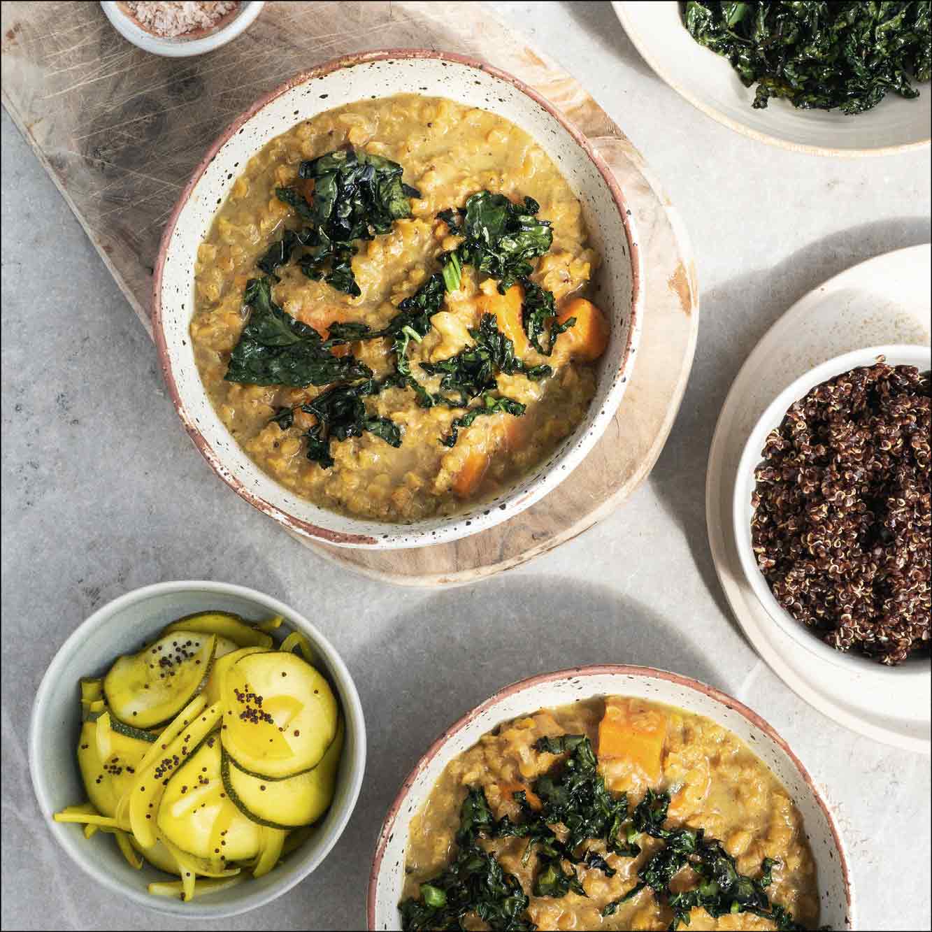 Dish photo for Summer Coconut & Turmeric Daal With Tangy Courgette Pickle, Crispy Kale & Red Quinoa