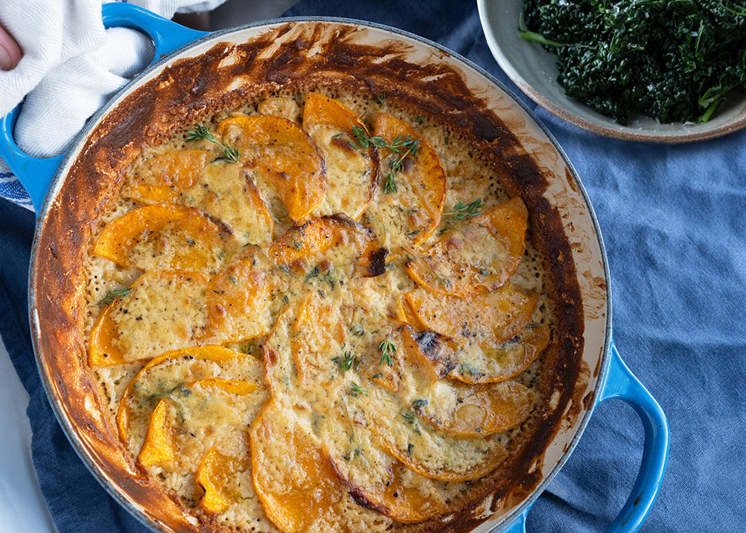 Thumbnail for Butternut Squash & White Bean Gratin In Rich & Creamy Cashew, White Wine & Mustard Sauce With Cavolo Nero