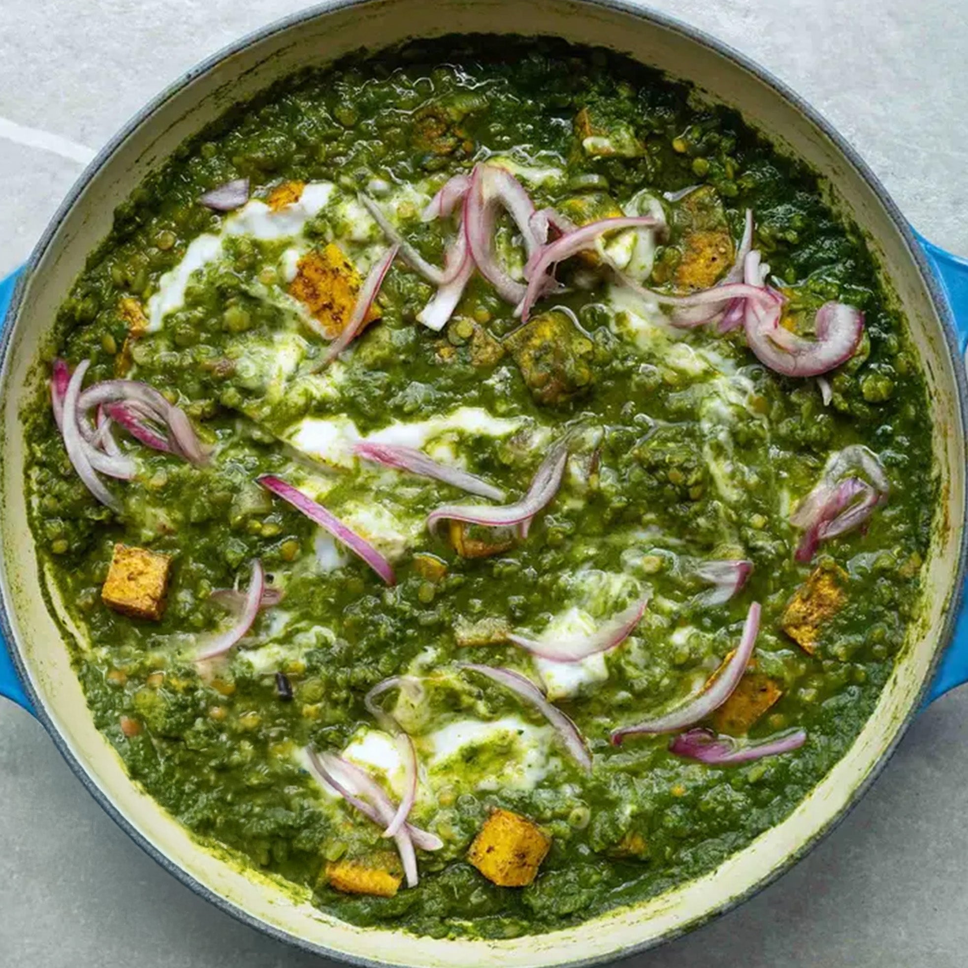 Dish photo for Super Green Saag Daal With Crispy Curry Spiced Tofu, Coconut Yoghurt, Pink Pickled Onion & Basmati Rice