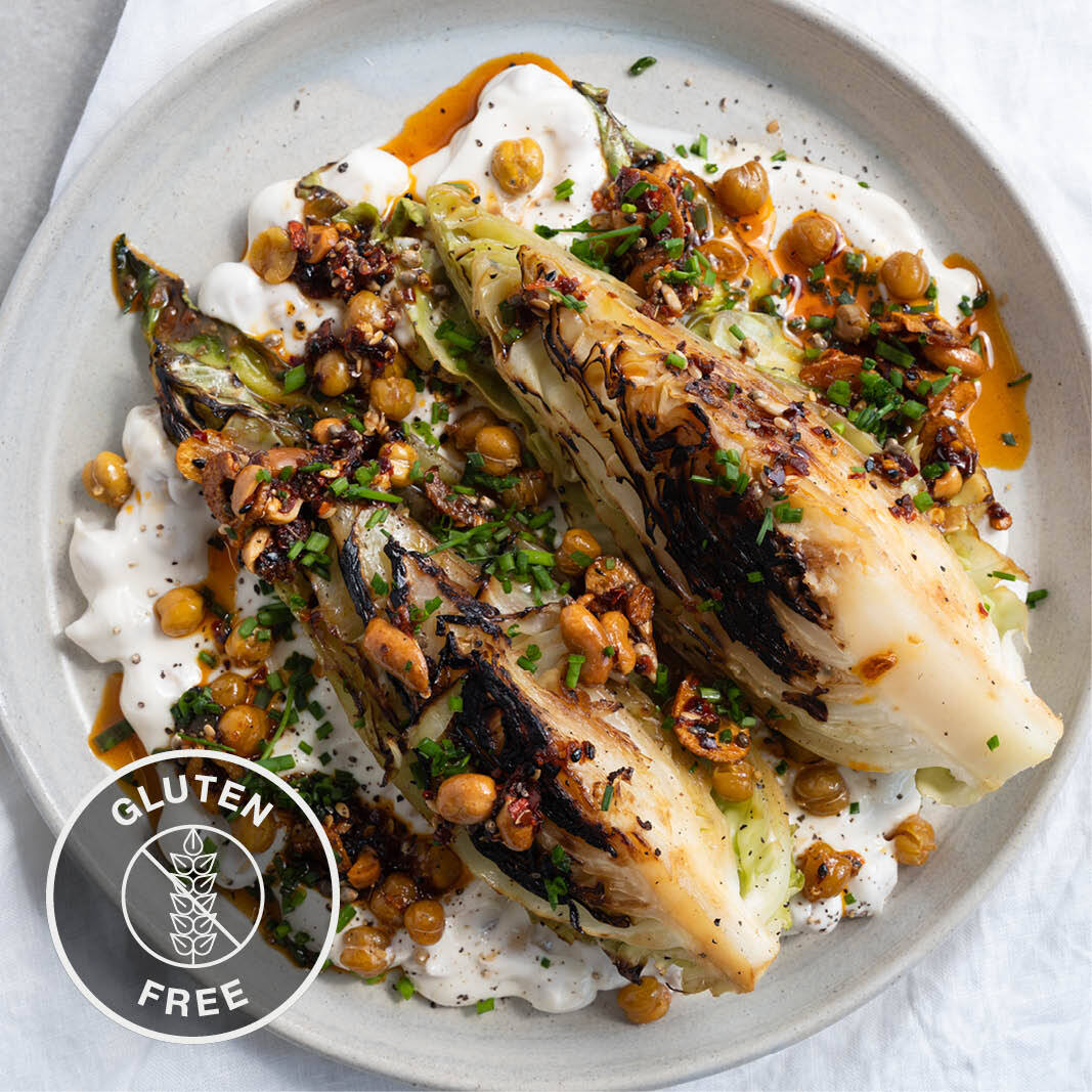 Thumbnail for Charred Miso Glazed Hispi Cabbage Over Tahini Yoghurt With Crispy Chickpeas & Superseed Chilli Crunch