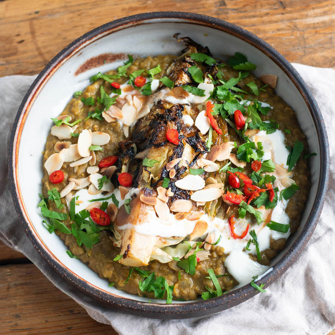 Thumbnail for Charred Hispi Cabbage Over Golden Daal With Organic Soy Yoghurt, Tamarind & Date Chutney, Toasted Almonds & Coriander