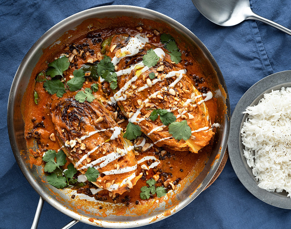 Dish photo for Thai Red Curry Hispi Cabbage With Black Lentils, Lime Yoghurt, Toasted Peanuts, Fresh Coriander & Fluffy Rice