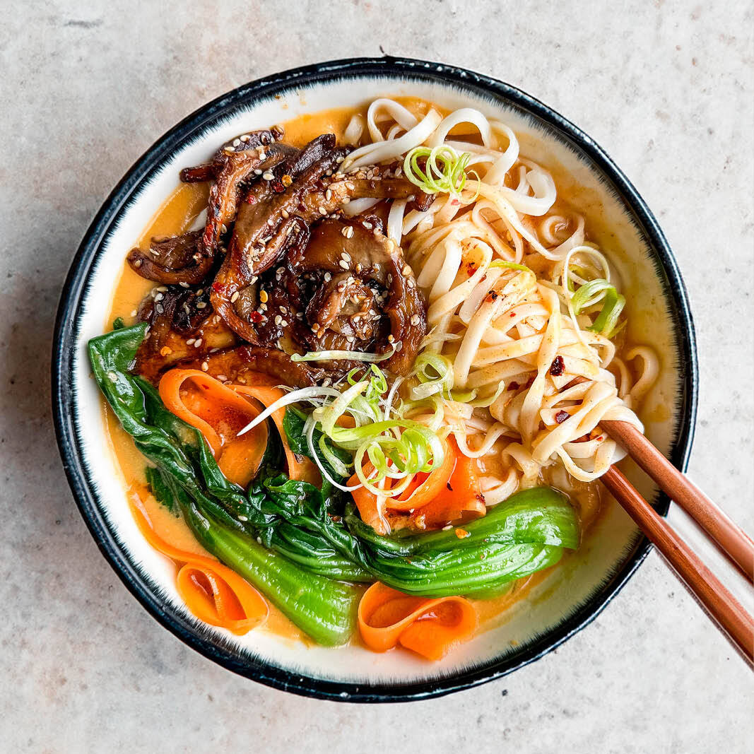 Dish photo for Pumpkin Laksa With Crispy Oyster Mushrooms, Pak Choi, Carrots & Udon Noodles