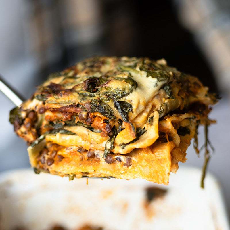 Dish photo for Smoky Butternut Squash & "Nduja" Lasagne With Tender Lentils & Creamy Miso Spinach Bechamel