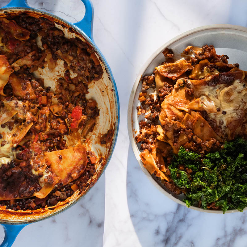 Dish photo for One Pot Cheats Mushroom Lasagne With Beluga Lentils, Creamy Miso Bechamel & Green Kale