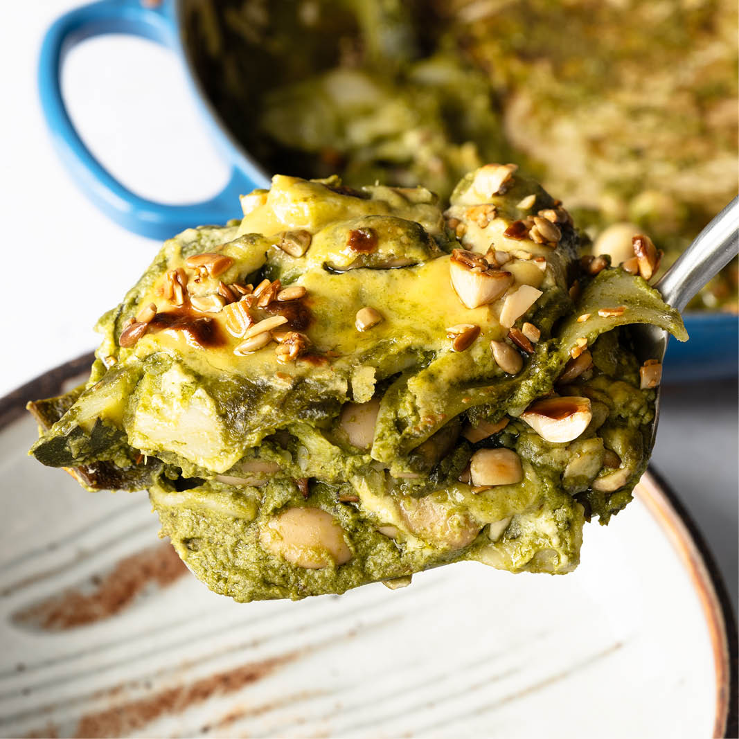 Dish photo for Super Green Cheats Lasagne With Courgette, Butter Beans, Miso Bechamel, Toasted Nuts & Seeds