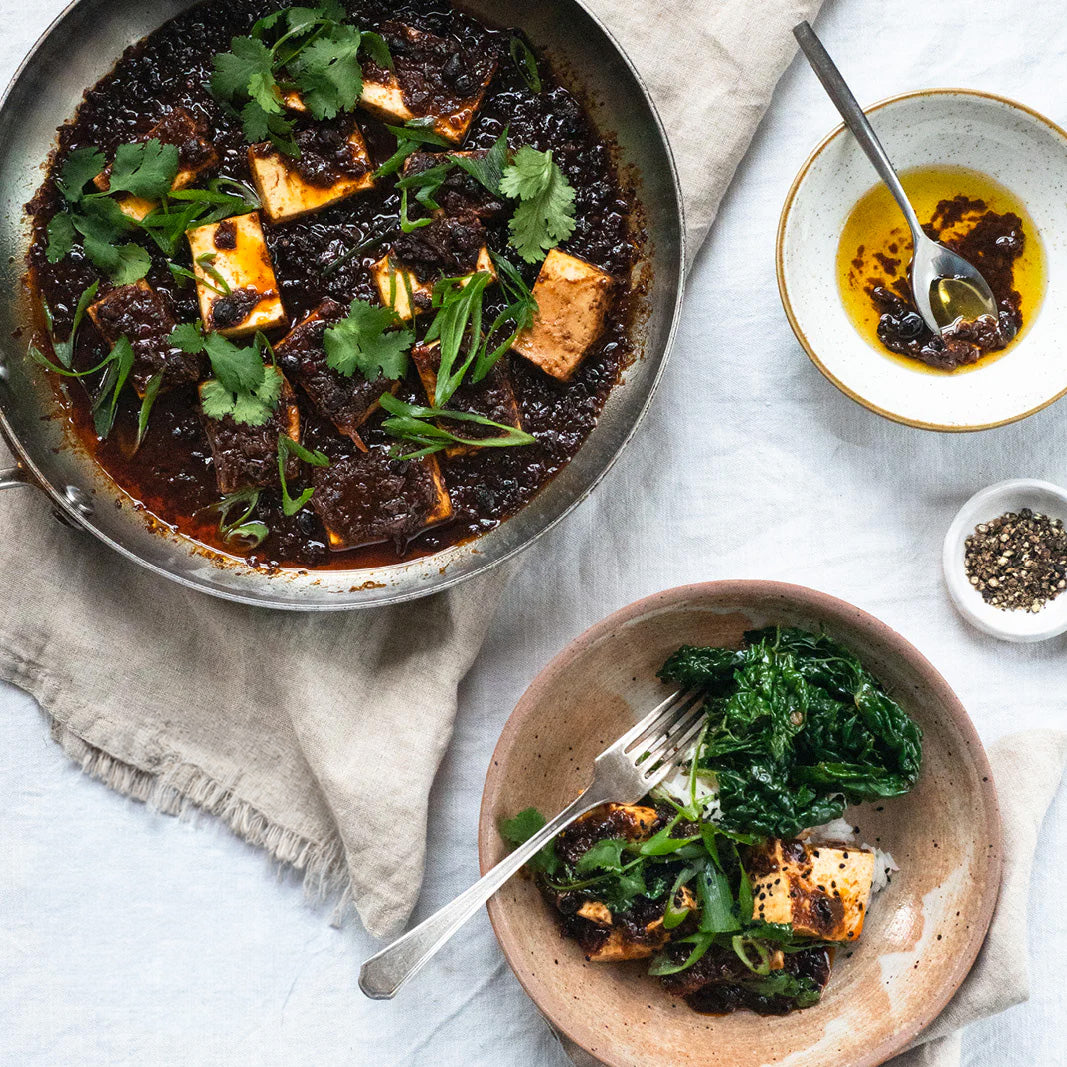 Dish photo for Sichuanese Mapo Tofu With Sticky Jasmine Rice & Cavolo Nero In A Sweet Rice Vinegar Dressing