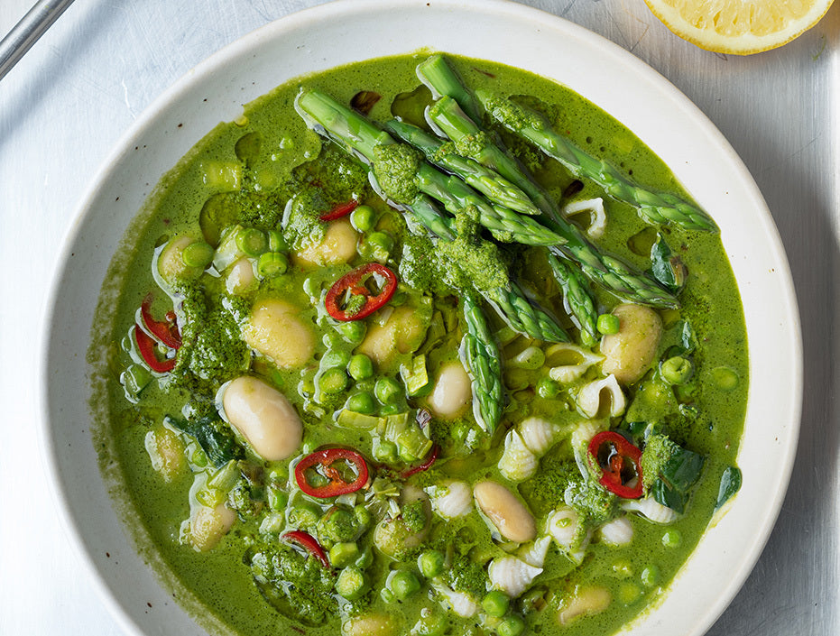 Dish photo for Super Green Spring Minestrone With Asparagus, Regenerative Spelt Conchiglietti, & Wild Garlic Pesto