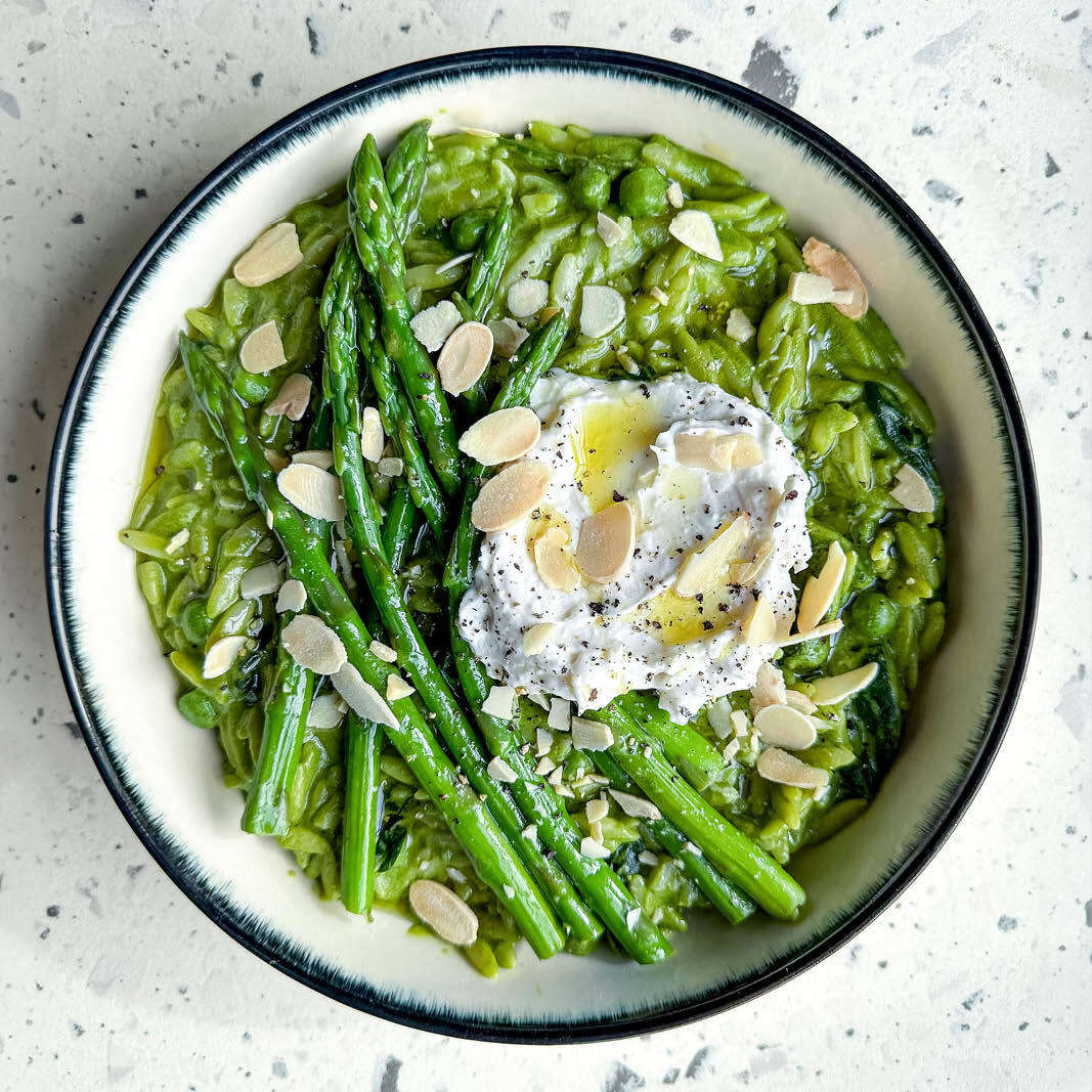 Dish photo for Super Green Spring Orzo With Peas, Asparagus, Spinach, Creamy Cashew 'Labneh' & Toasted Almonds