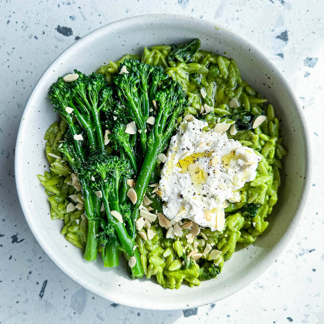 Dish photo for Super Green Orzotto With Peas, Tenderstem Broccoli, Spinach, Creamy Cashew 'Labneh' & Toasted Almonds