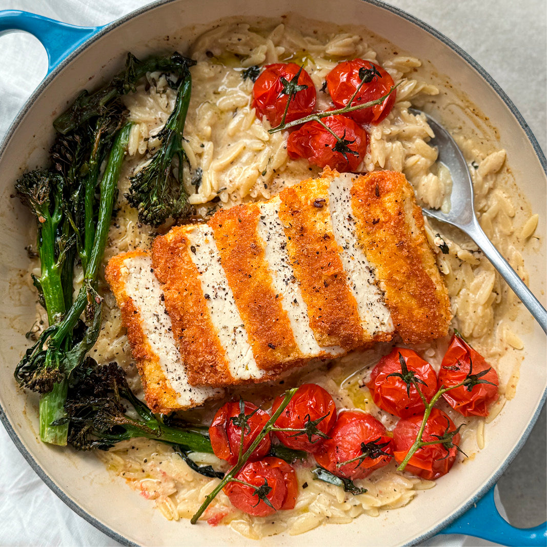 Thumbnail for Creamy Orzo Al Limone With Crispy Panko Tofu, Roasted Cherry Tomatoes & Tenderstem Broccoli