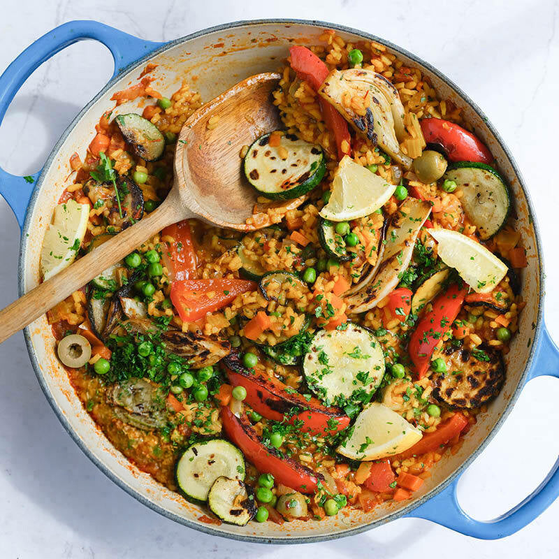 Dish photo for Mixed Vegetable Paella With Courgette, Red Pepper, Fennel, Garden Peas, Fresh Parsley & Lemon