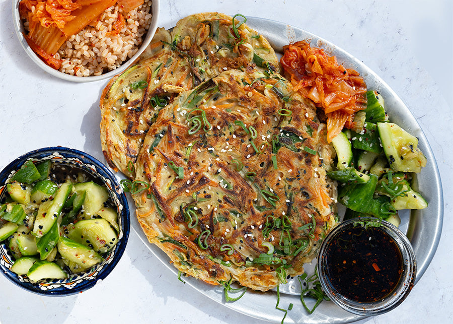 Thumbnail for Crispy Korean Pancakes With Mixed Vegetables, Dipping Sauce, Smacked Cucumber & Kimchi Brown Rice