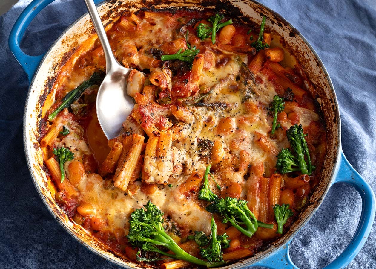 Dish photo for Red Lentil Pasta Bake With Butter Beans, Tenderstem Broccoli & Cheesy Miso Bechamel