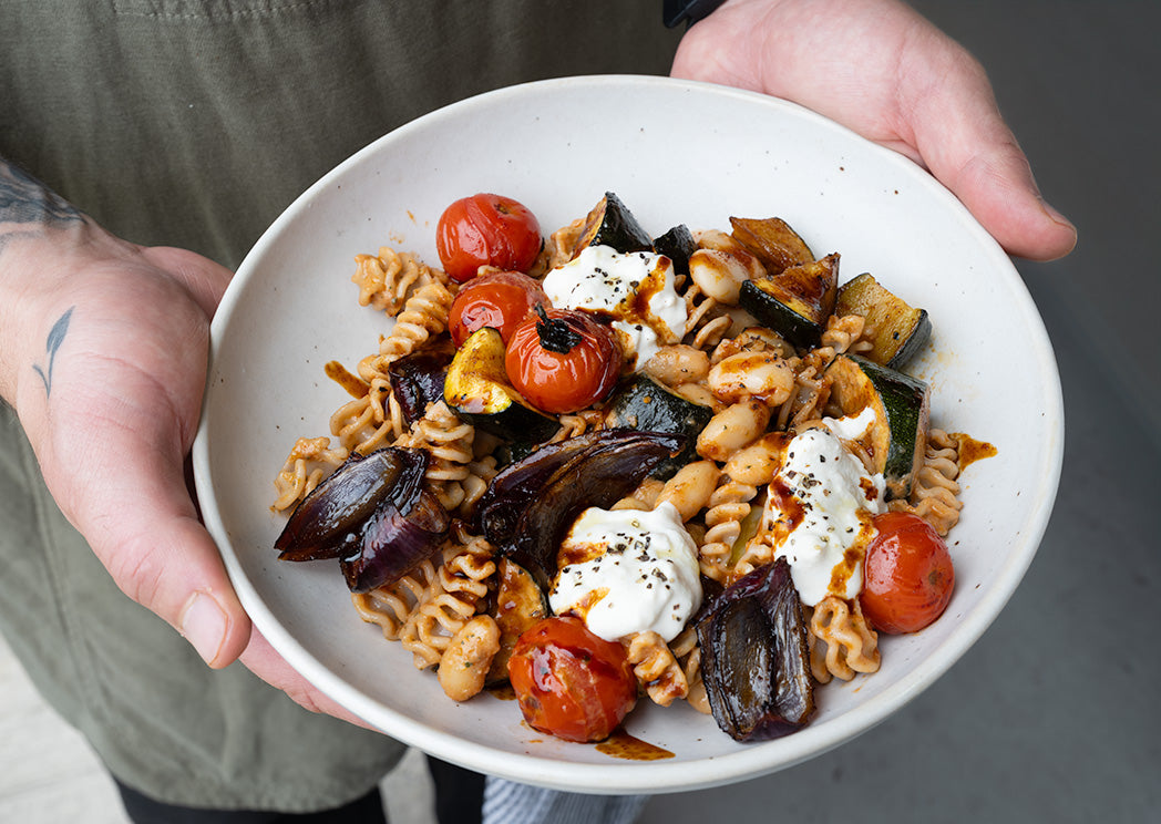 Thumbnail for Butter Bean & Radiatori Pasta Salad With Red Pepper Pesto, Balsamic Roasted Mediterranean Vegetables & Cashew 'Burrata'
