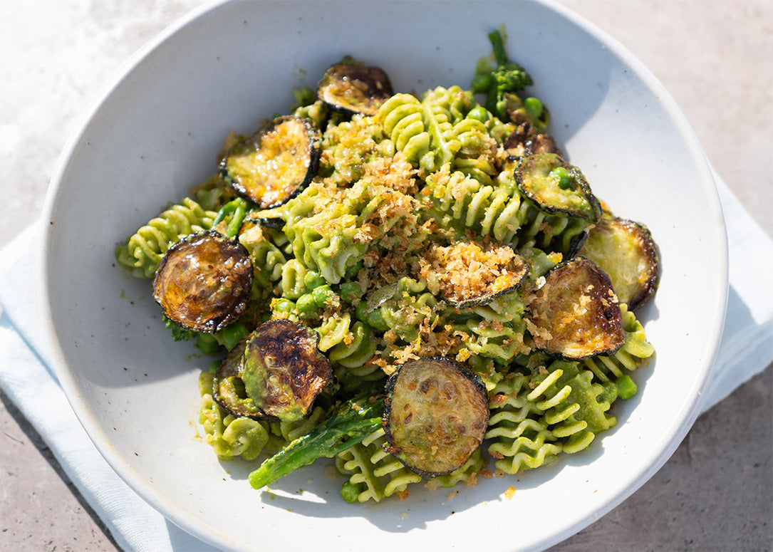 Dish photo for Pasta Alla Nerano With Regenerative Spelt Radiatori, Crispy Courgette, Peas, Tenderstem & Lemon Garlic Breadcrumbs