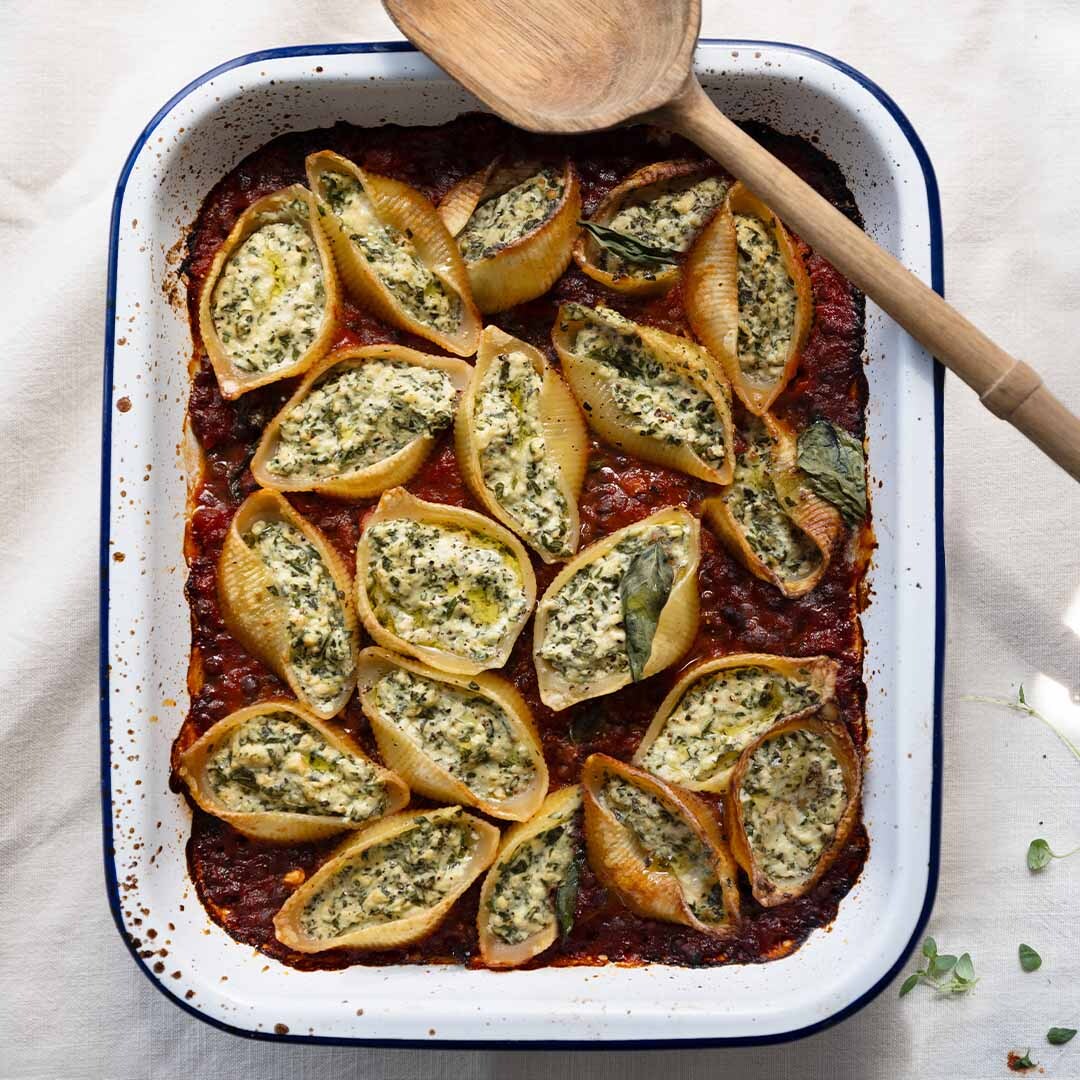Dish photo for High Protein Conchiglioni Pasta Shells Stuffed With Lemon Garlic Spinach 'Ricotta' In Rich Tomato Lentil Sauce