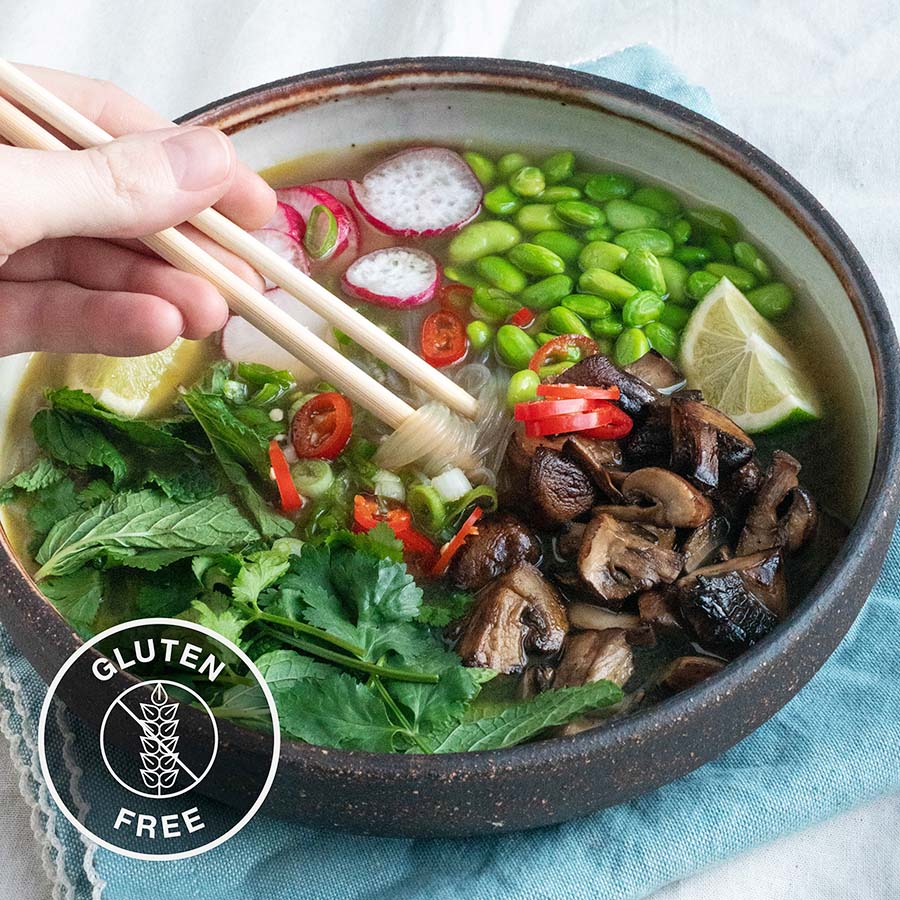 Dish photo for Healing Vietnamese Pho With Radish, Edamame, Rice Noodles, Fresh Herbs, Chilli & Lime