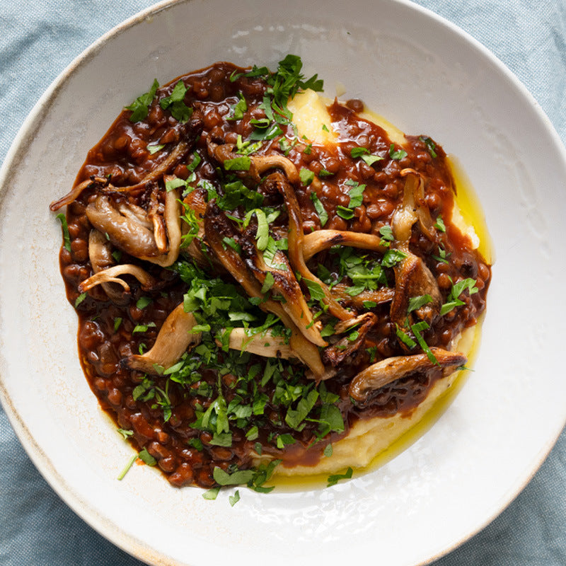 Dish photo for Rich Porcini & Red Wine Lentil Ragu Over Creamy Mash With Crispy Oyster Mushrooms