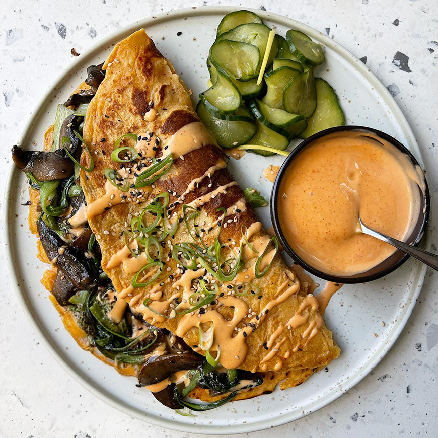 Dish photo for Kimchi Pancakes With Sticky Soy Portobellos, Gochujang Mayo & Pickled Cucumbers