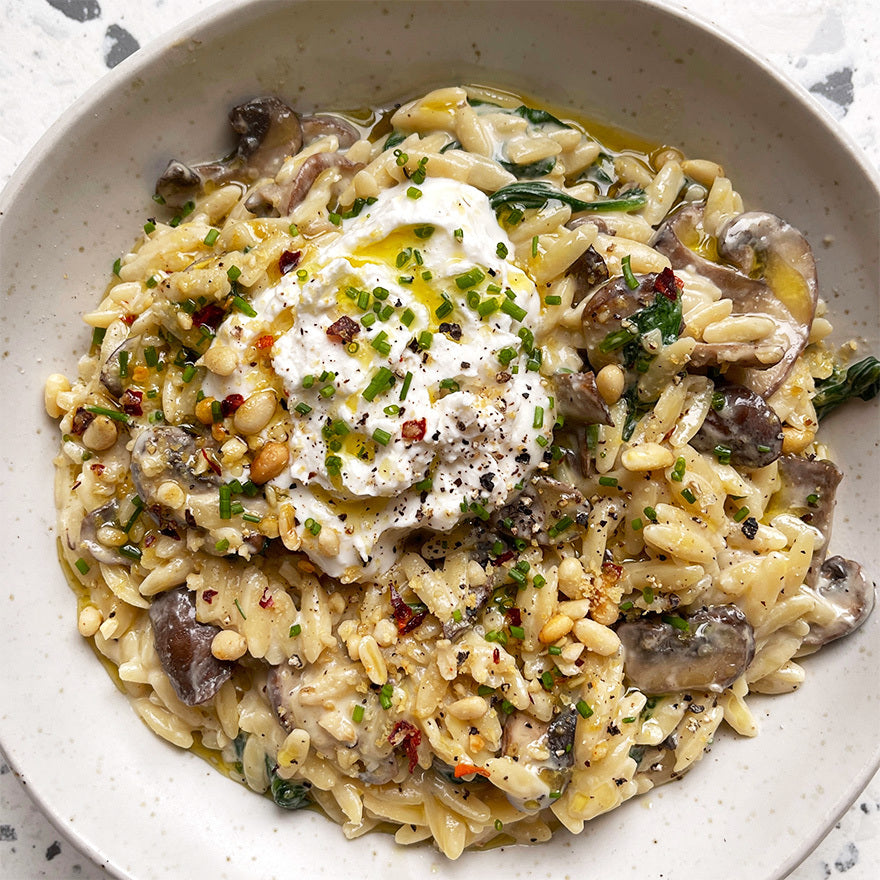 Dish photo for Miso Mushroom Orzotto With Creamy Cashew 'Labneh' & Chilli Pine Nut Crumb