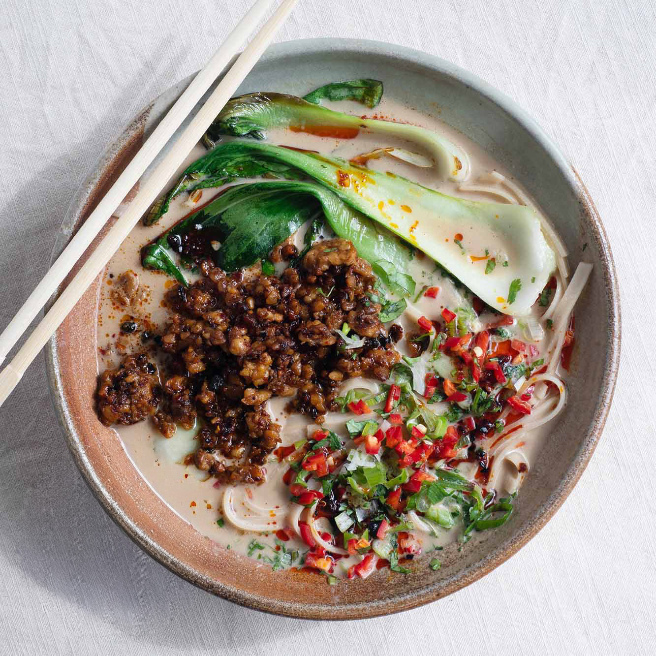 Dish photo for Tahini Miso Ramen With Crispy Chilli Tempeh, Pak Choi & Flat Rice Noodles